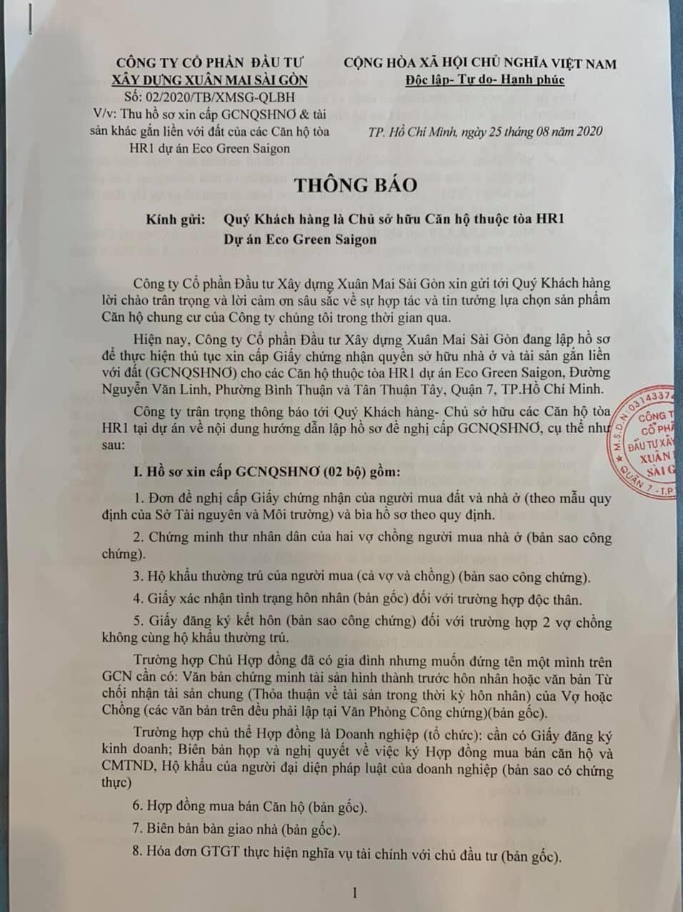 BỐC PHỐT XUÂN MAI SÀI GÒN – DỰ ÁN ECO GREEN SÀI GÒN CHƯA NHẬN NHÀ ĐÃ CÓ THÔNG BÁO LÀM SỔ