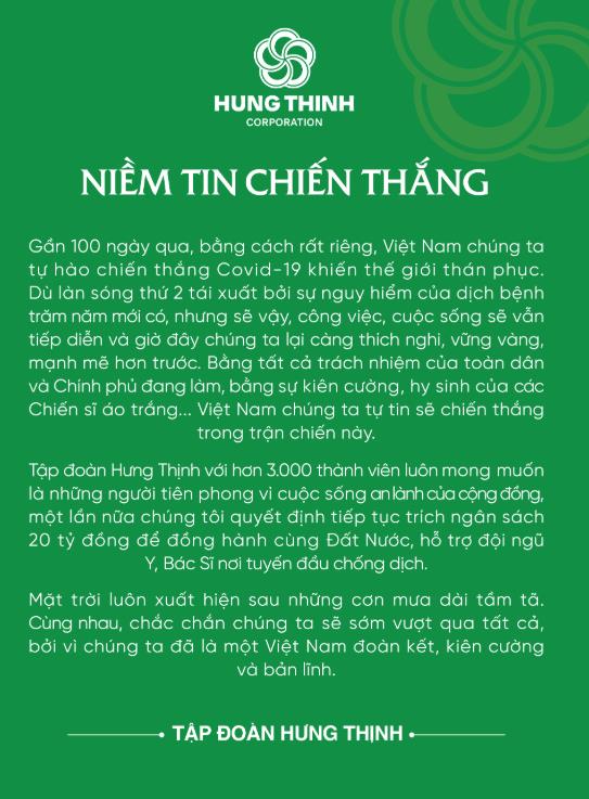 TẬP ĐOÀN HƯNG THỊNH TIẾP TỤC TRÍCH NGÂN SÁCH 20 TỶ ĐỒNG ỦNG HỘ HOẠT ĐỘNG PHÒNG, CHỐNG COVID-19